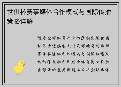 世俱杯赛事媒体合作模式与国际传播策略详解